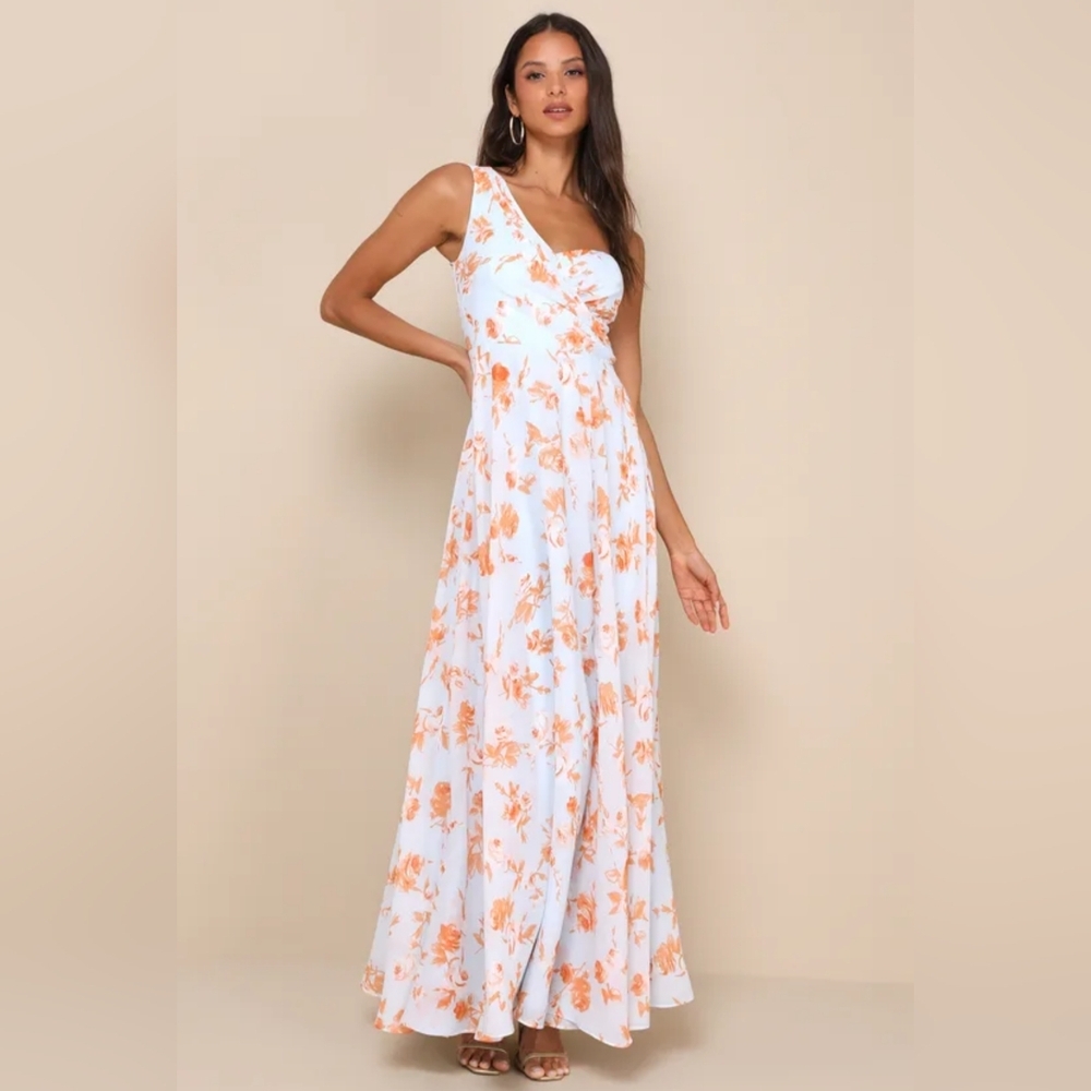 Lulu's Babyblue and Orange Floral One Shoulder Dress